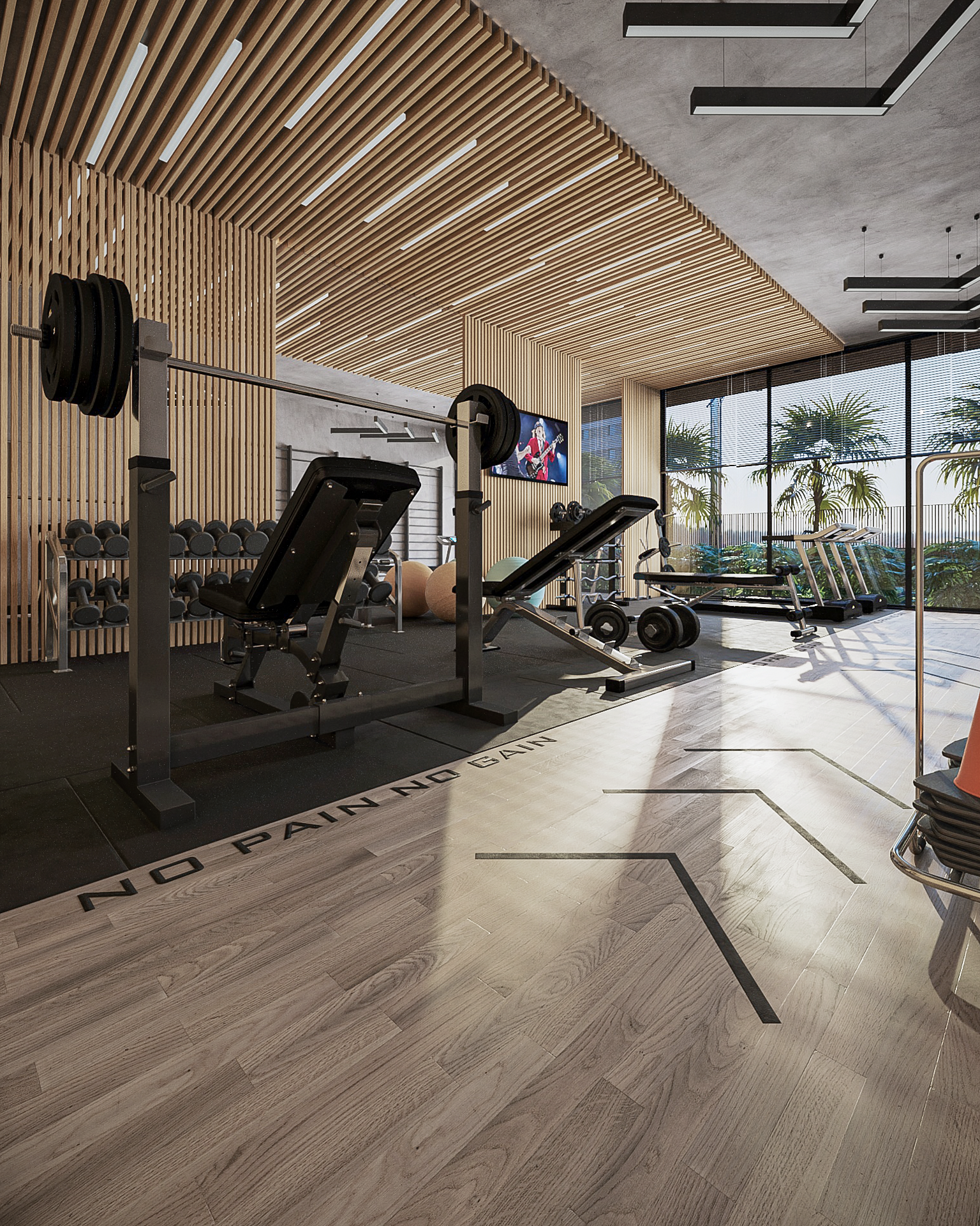 3D Visualization - Gym with Wooden Ceiling